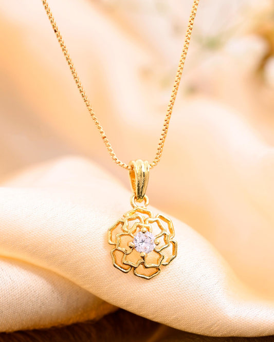 VOJ Gold-Polished Flower Shaped Ad Studded Pendant With Chain Grab2Buy VOJ Grab2Buy