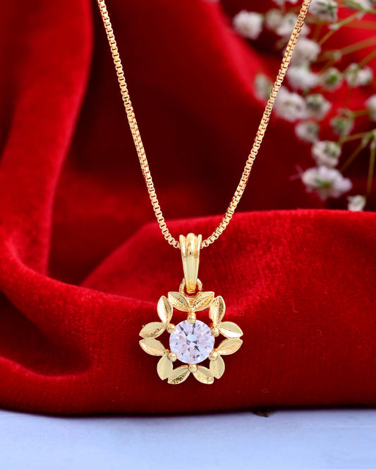 VOJ Gold-Polished Flower Shaped Ad Studded Pendant With Chain VOJ (Valley Of Jewellery)
