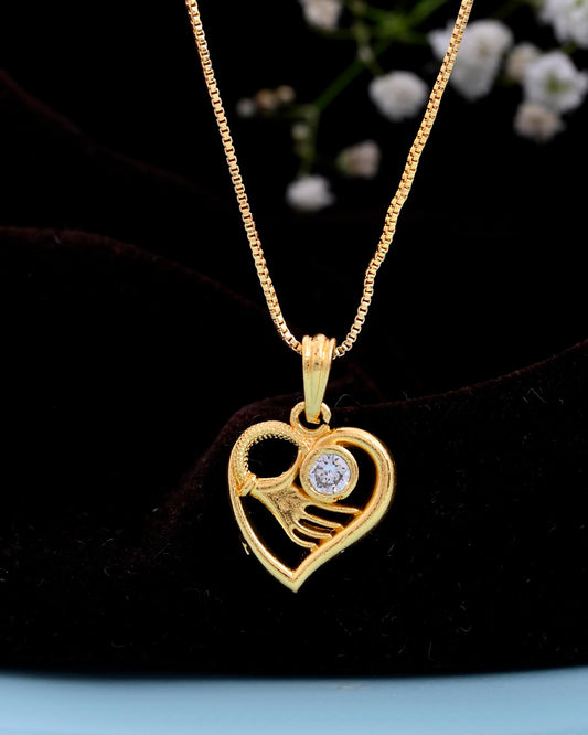 VOJ Gold-Polished Heart Shaped Ad Studded Pendant With Chain VOJ (Valley Of Jewellery)