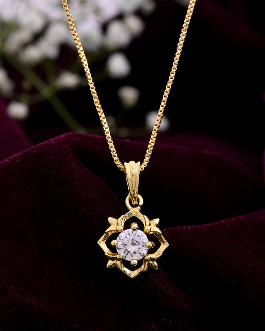 VOJ Gold-Polished Flower Shaped Ad Studded Pendant With Chain Grab2Buy VOJ Grab2Buy