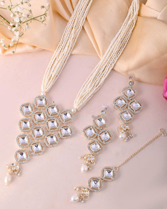 VOJ Gold-Polished Stone With White Beaded Long Jewellery Set VOJ (Valley Of Jewellery)