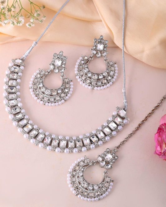 VOJ Silver Plated Stone Studded Jewellery Set With Maang Tikka | Grab2Buy
