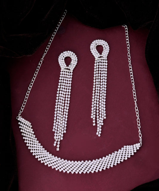 VOJ Silver Plated Stone Studded Necklace With Earrings Set VOJ (Valley Of Jewellery)