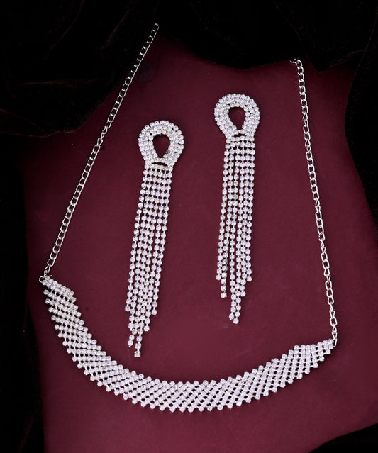 VOJ Silver Plated Stone Studded Necklace With Earrings Set | Grab2Buy