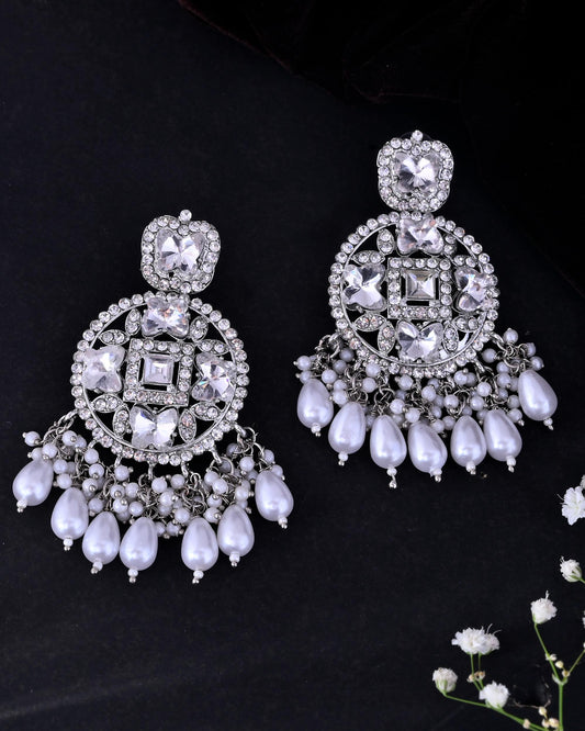 VOJ Silver Plated Stone Studded Crescent Shaped Earrings | Grab2Buy