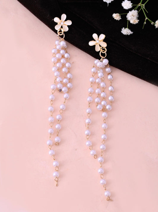 VOJ Gold-Polished Flower Stone Studded & Beaded Acrylic Drop Earrings | Grab2Buy
