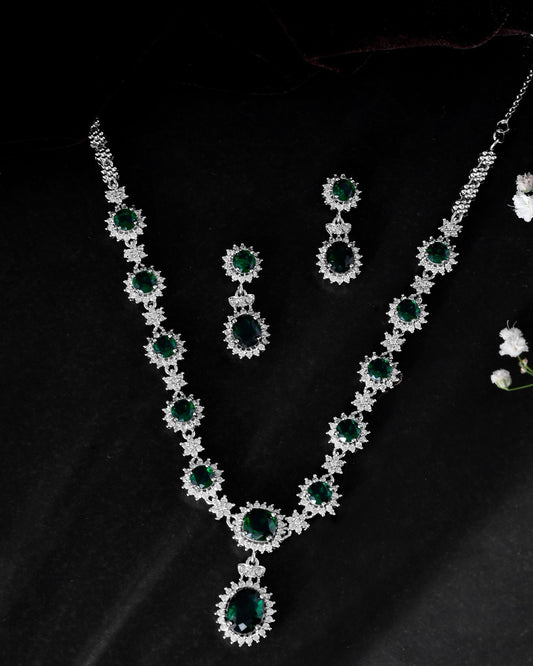 VOJ Silver Plated Green Ad Stone Studded Necklace With Earrings Set VOJ (Valley Of Jewellery)