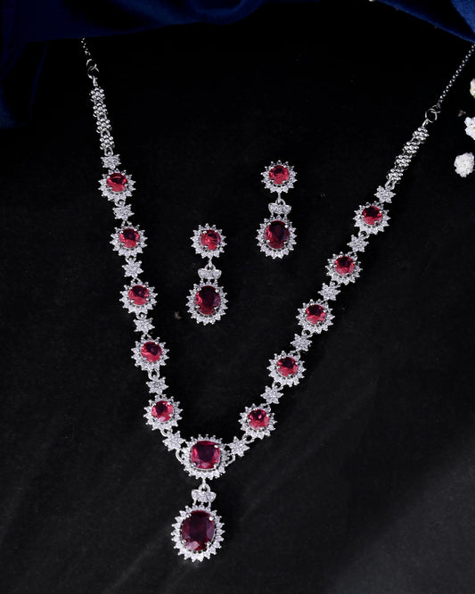 VOJ Silver Plated Red Ad Stone Studded Designer Jewellery Set VOJ (Valley Of Jewellery)