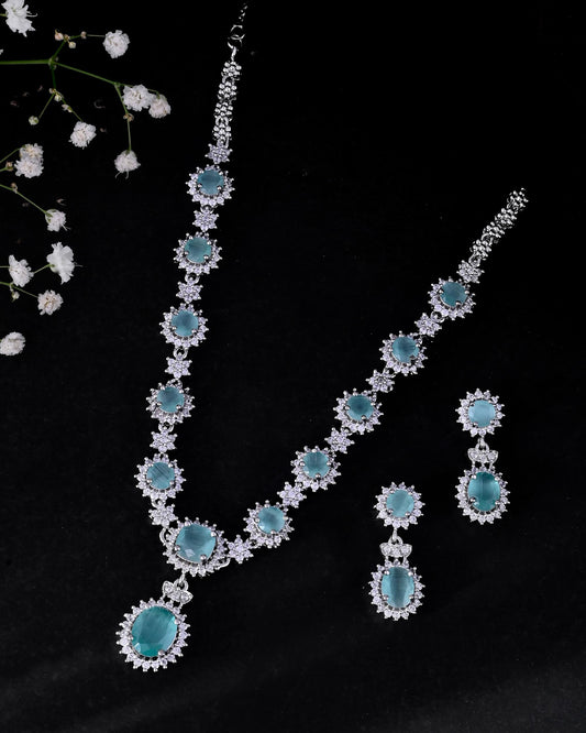 VOJ Silver Plated Sea Green Ad Studded Designer Jewellery Set | Grab2Buy