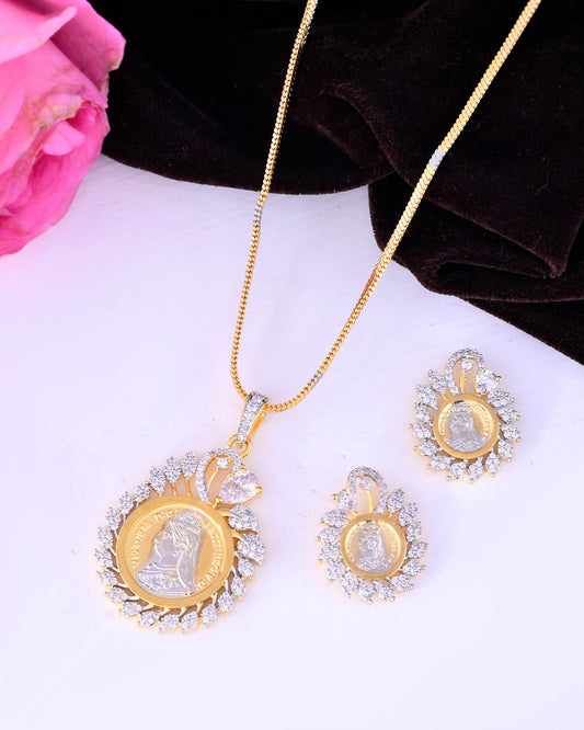 VOJ Dual Toned Ad-Studded Pendant With Chain And Earrings Set | Grab2Buy