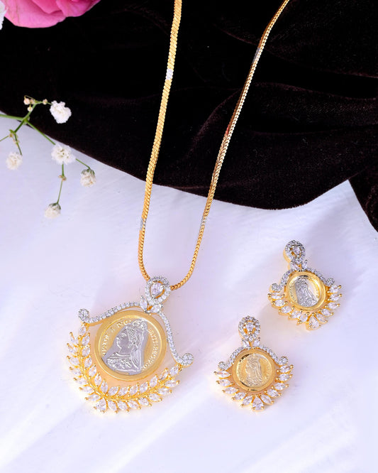 VOJ Dual Toned Ad-Studded Designer Pendant With Chain And Earrings Set | Grab2Buy