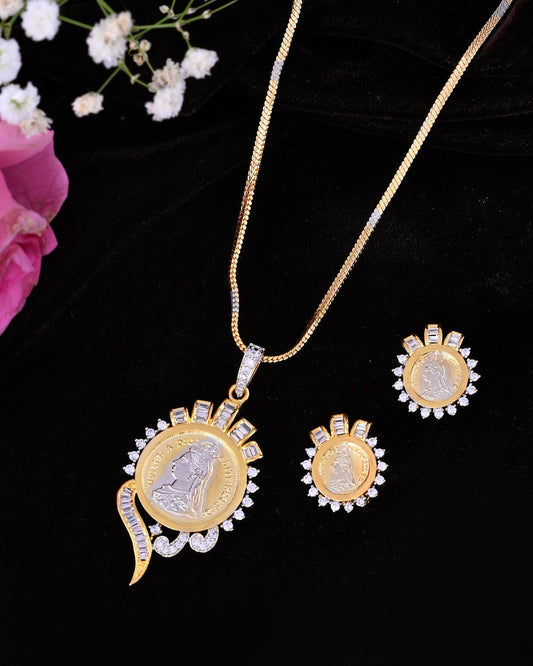 VOJ Dual Toned Ad-Studded Gold-Polished Coin Chain Set VOJ (Valley Of Jewellery)