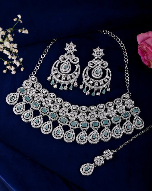 VOJ Silver-Plated American Diamond Studded Jewellery Set VOJ (Valley Of Jewellery)
