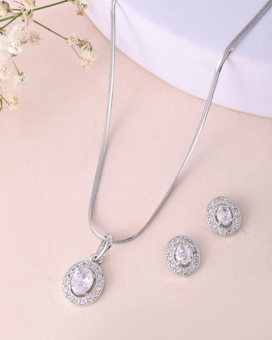 VOJ Silver Plated Ad-Studded Pendant With Chain And Earrings Set | Grab2Buy