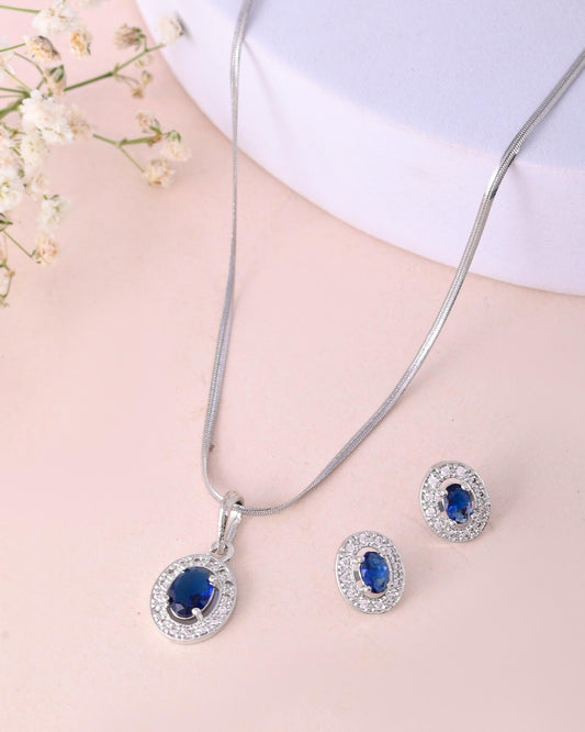 VOJ Silver Plated Blue Ad-Studded Pendant With Chain And Earrings Set | Grab2Buy