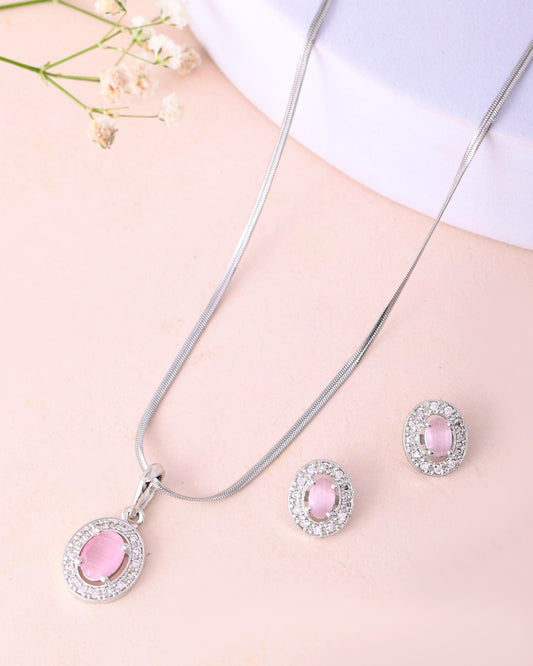 VOJ Silver Plated Pink Ad-Studded Pendant With Chain And Earrings Set VOJ (Valley Of Jewellery)