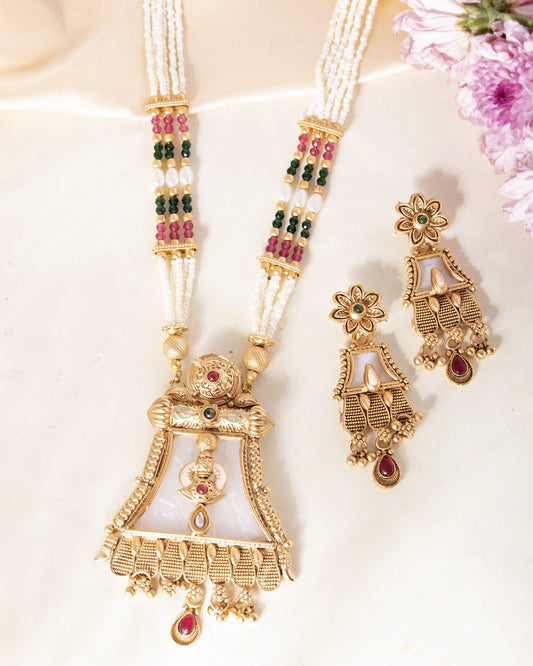 VOJ Gold-Polished Moon Stone Studded long Necklace With Earrings Set | Grab2Buy