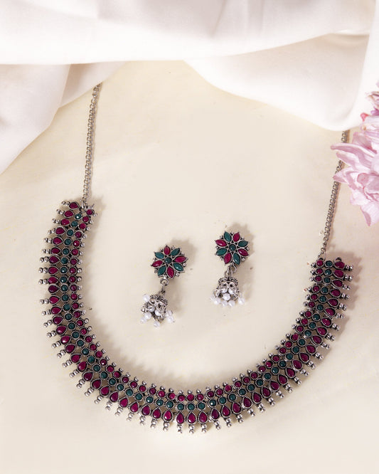 VOJ Silver Plated Oxidized Multi Color Stone Choker With Earrings Set | Grab2Buy