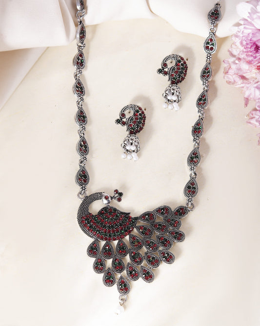 VOJ Silver Plated Peacock Shaped Multi Color Stone Studded Jewellery Set VOJ (Valley Of Jewellery)
