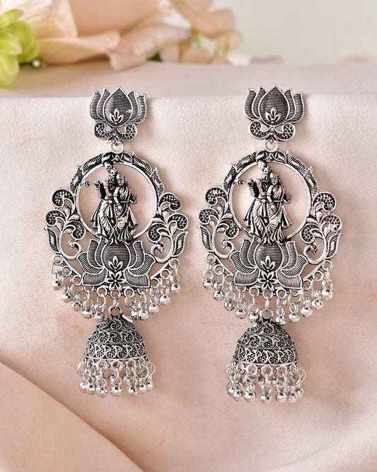 VOJ Silver Plated Radha Krishna Shaped Oxidized Earrings | Grab2Buy