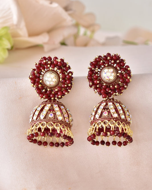 VOJ Marron Beads And Stone Studded Jhumka Earrings | Grab2Buy