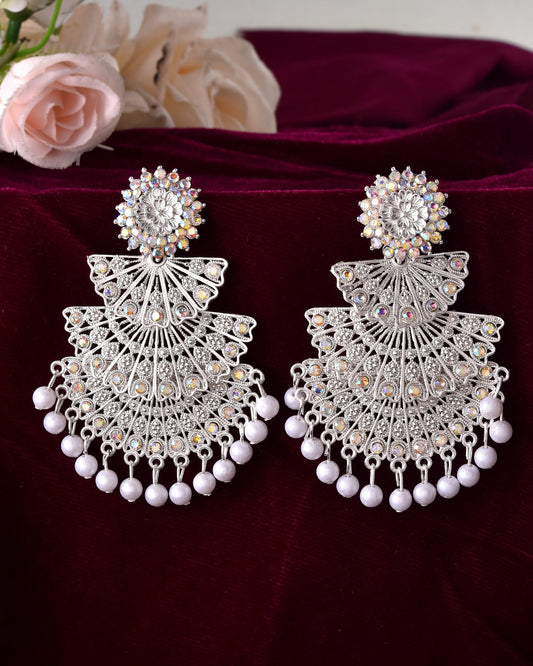 VOJ White Oxidized Multi Layered Stone Studded Earrings VOJ (Valley Of Jewellery)