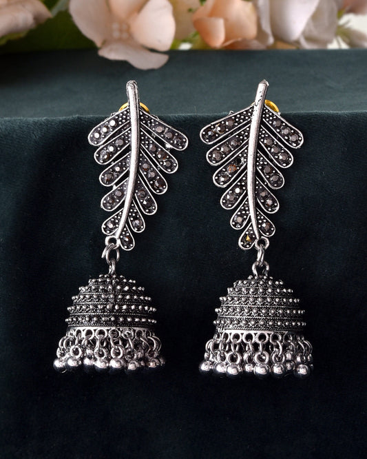 VOJ Silver Plated Oxidized Stone Studded Leaf Shaped Long Earrings VOJ (Valley Of Jewellery)