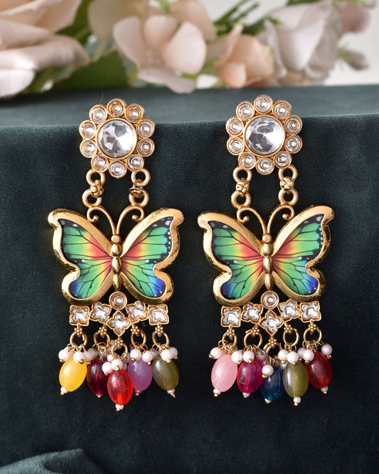 VOJ Gold Toned Multi colour Butterfly Shaped Long Earrings VOJ (Valley Of Jewellery)