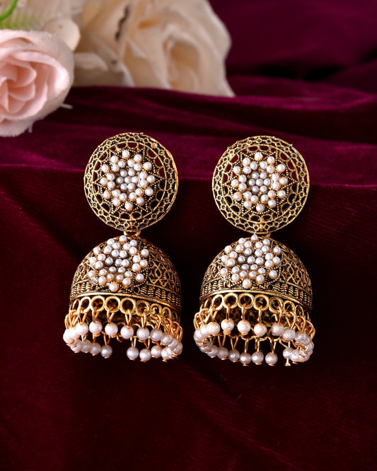 VOJ Gold Toned Stone Studded Done Shaped With Pearl Jhumka Earrings | Grab2Buy
