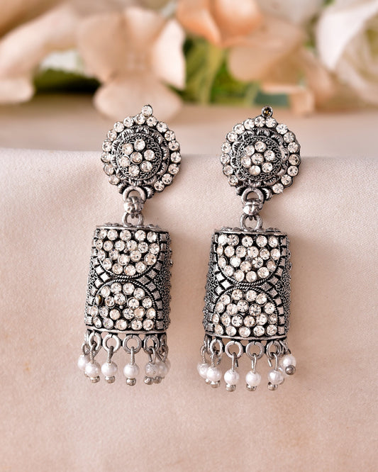 VOJ Silver Toned Stone Studded Jhumka Earrings | Grab2Buy