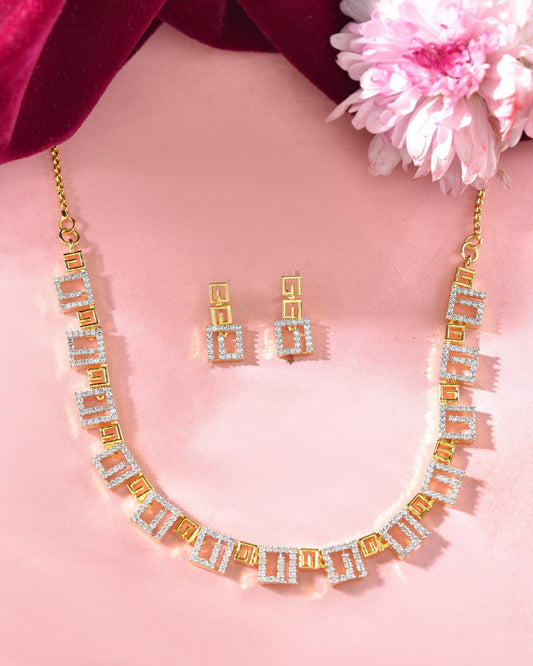 VOJ Gold-Polished Geometrical AD Jewellery Set VOJ (Valley Of Jewellery)