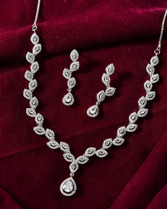 VOJ Silver Plated Tear Drop Shaped AD Necklace With Earrings Set | Grab2Buy
