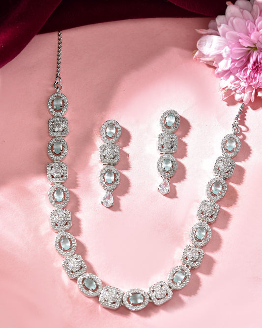 VOJ Silver Plated Mint Green Stone AD Jewellery Set VOJ (Valley Of Jewellery)