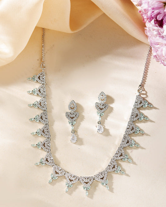 VOJ Silver Plated Mint Green Stone AD Necklace And Earrings Set VOJ (Valley Of Jewellery)