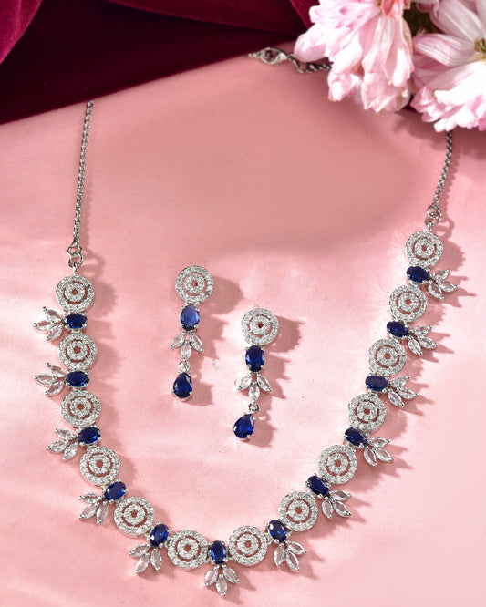 VOJ Silver Plated Dark Blue Stone Circular AD Jewellery Set VOJ (Valley Of Jewellery)