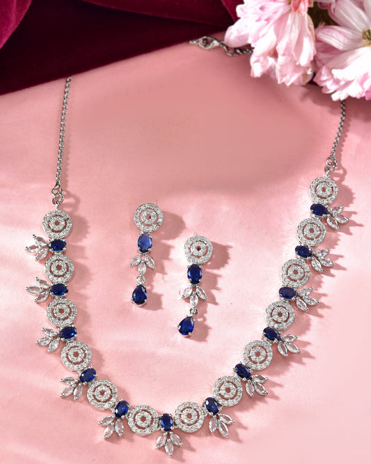 VOJ Silver Plated Dark Blue Stone Circular AD Jewellery Set | Grab2Buy