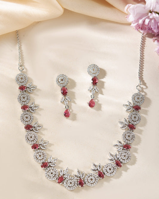 VOJ Silver Plated Pink Stone Circular AD Jewellery Set VOJ (Valley Of Jewellery)