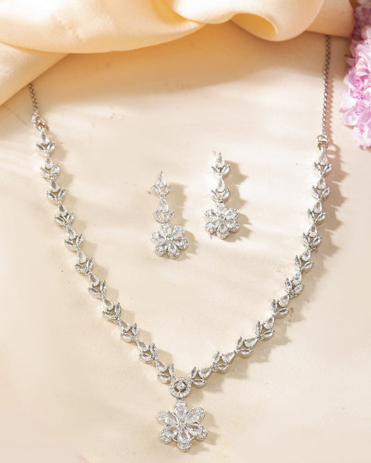 VOJ Silver Plated Floral AD Jewellery Set VOJ (Valley Of Jewellery)