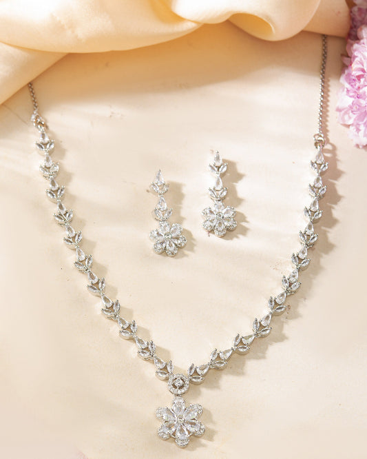 VOJ Silver Plated Floral AD Jewellery Set VOJ (Valley Of Jewellery)