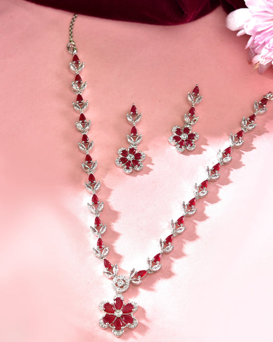 VOJ Silver Plated Marron Stone Floral AD Jewellery Set VOJ (Valley Of Jewellery)