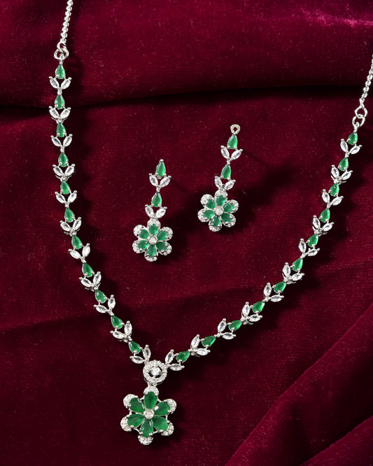 VOJ Silver Plated Green Stone Floral AD Jewellery Set VOJ (Valley Of Jewellery)