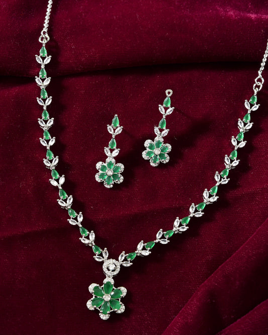 VOJ Silver Plated Green Stone Floral AD Jewellery Set VOJ (Valley Of Jewellery)