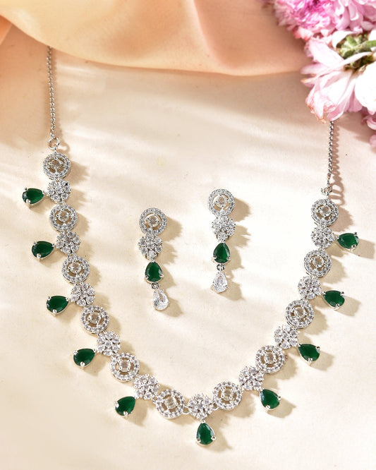 VOJ Silver Plated Green Stone Cricular AD Jewellery Set VOJ (Valley Of Jewellery)
