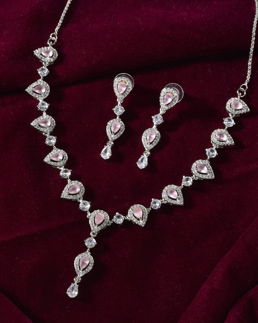 VOJ Silver Plated Baby Pink Stone Tear Drop Shaped AD Jewellery Set | Grab2Buy