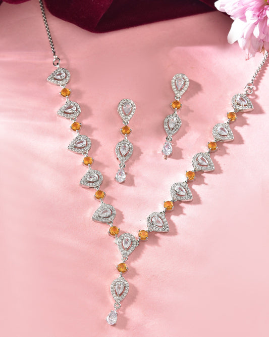 VOJ Silver Plated Yellow Stone Tear Drop Shaped AD Jewellery Set VOJ (Valley Of Jewellery)