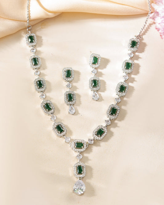 VOJ Silver Plated Green Stone Geometrical Shaped AD Jewellery Set VOJ (Valley Of Jewellery)