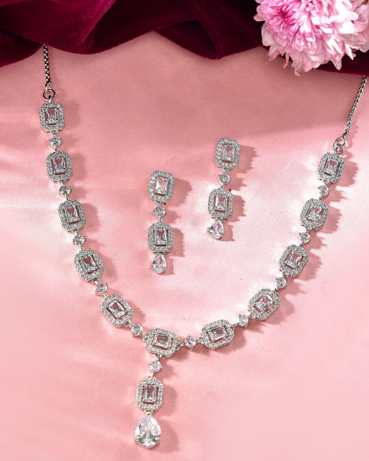 VOJ Silver Plated Geometrical Shaped AD Jewellery Set VOJ (Valley Of Jewellery)