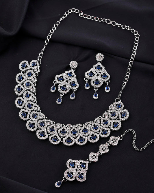VOJ Silver-Plated Blue AD-Studded Elegent Jewellery Set VOJ (Valley Of Jewellery)