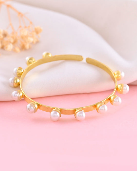 VOJ Gold-Polished Pearl Studded Kada Barcelet VOJ (Valley Of Jewellery)