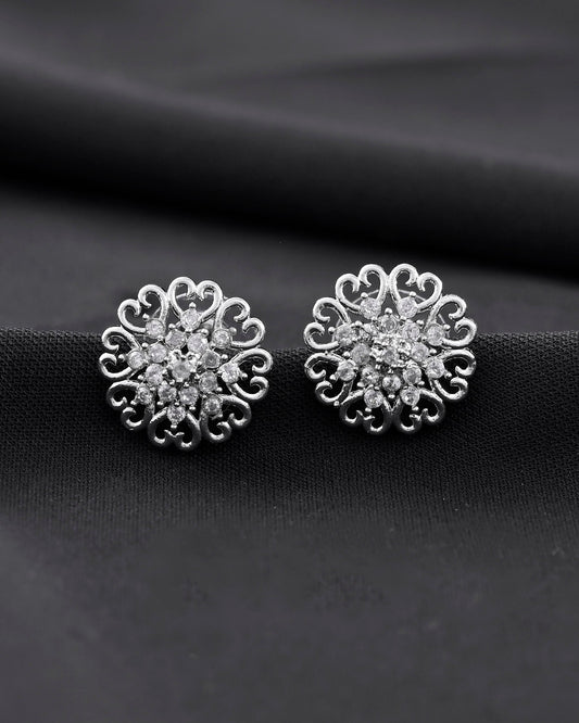 VOJ Silver Plated AD-Studded Flower Shape Stud Earrings - Swadesiicart